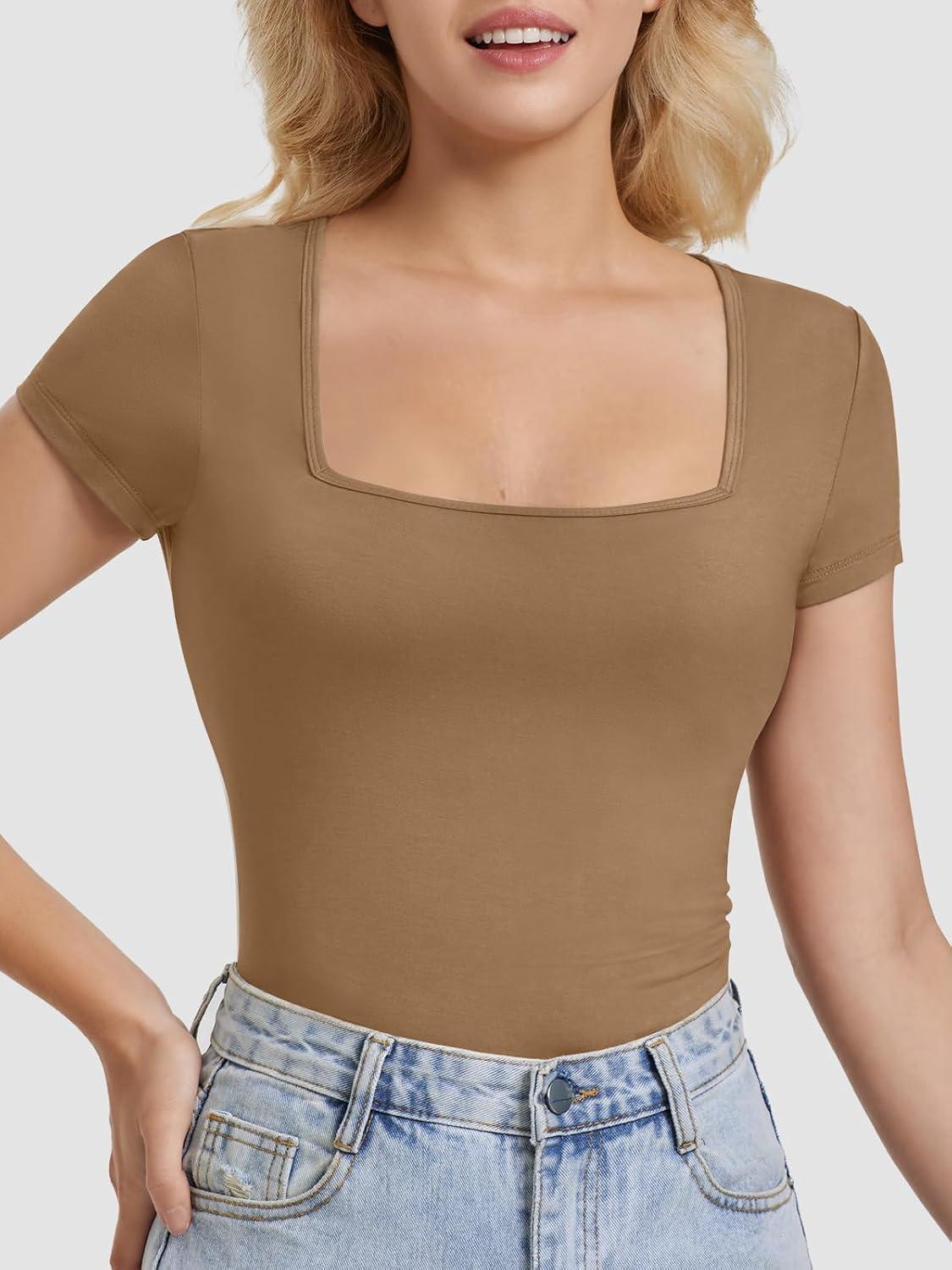 imageATHMILE Modal Short Sleeve Shirts for Women 2025 Fashion Square Neck Basics Slim Fitted TopsCoffee