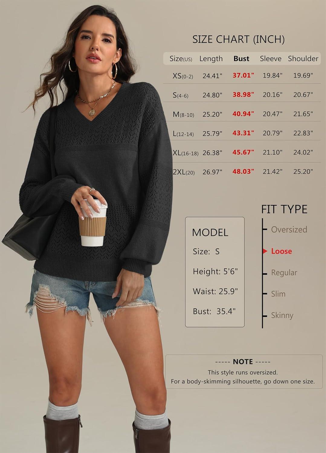 imageATHMILE Sweaters for Women Fall Outfits Oversized Long Sleeve V Neck Crochet Sweaters Lightweight Knit Pullover JumperBlack