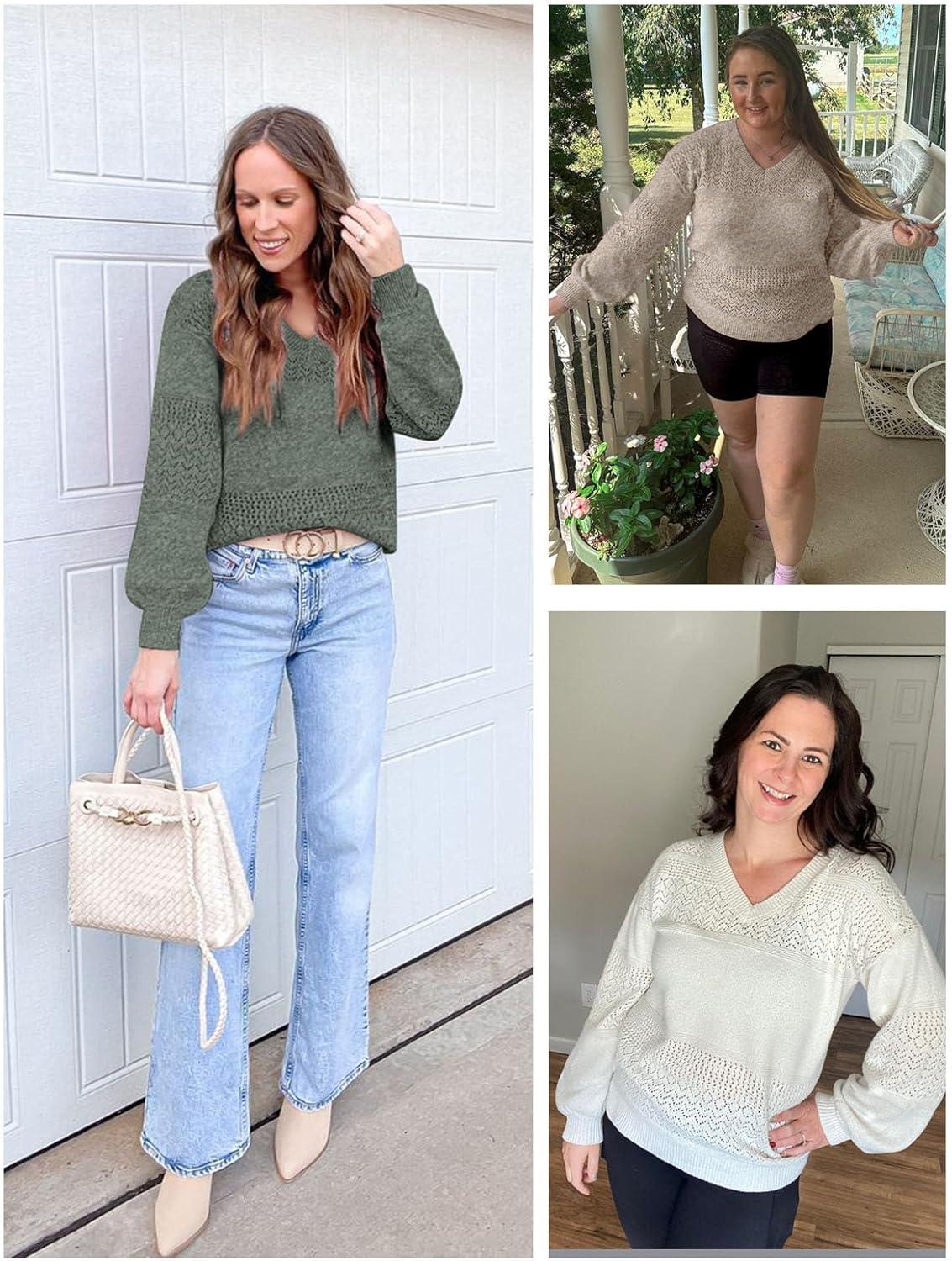 imageATHMILE Sweaters for Women Fall Outfits Oversized Long Sleeve V Neck Crochet Sweaters Lightweight Knit Pullover JumperBrown