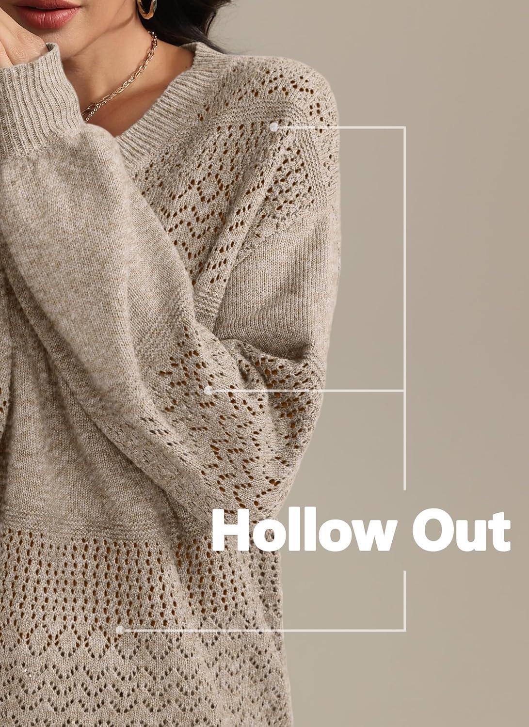 imageATHMILE Sweaters for Women Fall Outfits Oversized Long Sleeve V Neck Crochet Sweaters Lightweight Knit Pullover JumperBrown