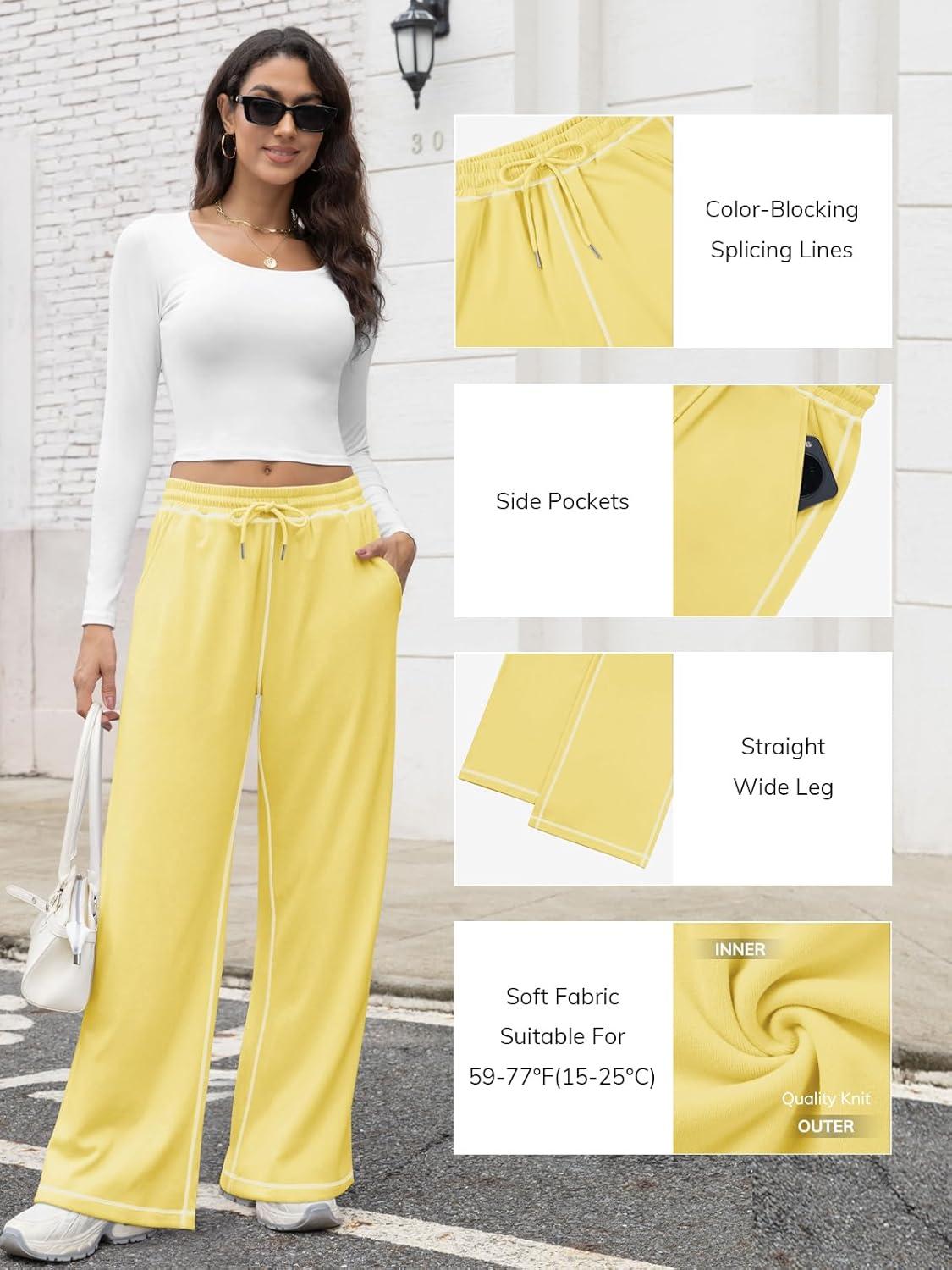 imageATHMILE Track Pants Women Sweatpants Wide Leg Straight Drawstring Teen Girl Fall Jogging Soft Lounge Athletic Pajama JoggersYellow