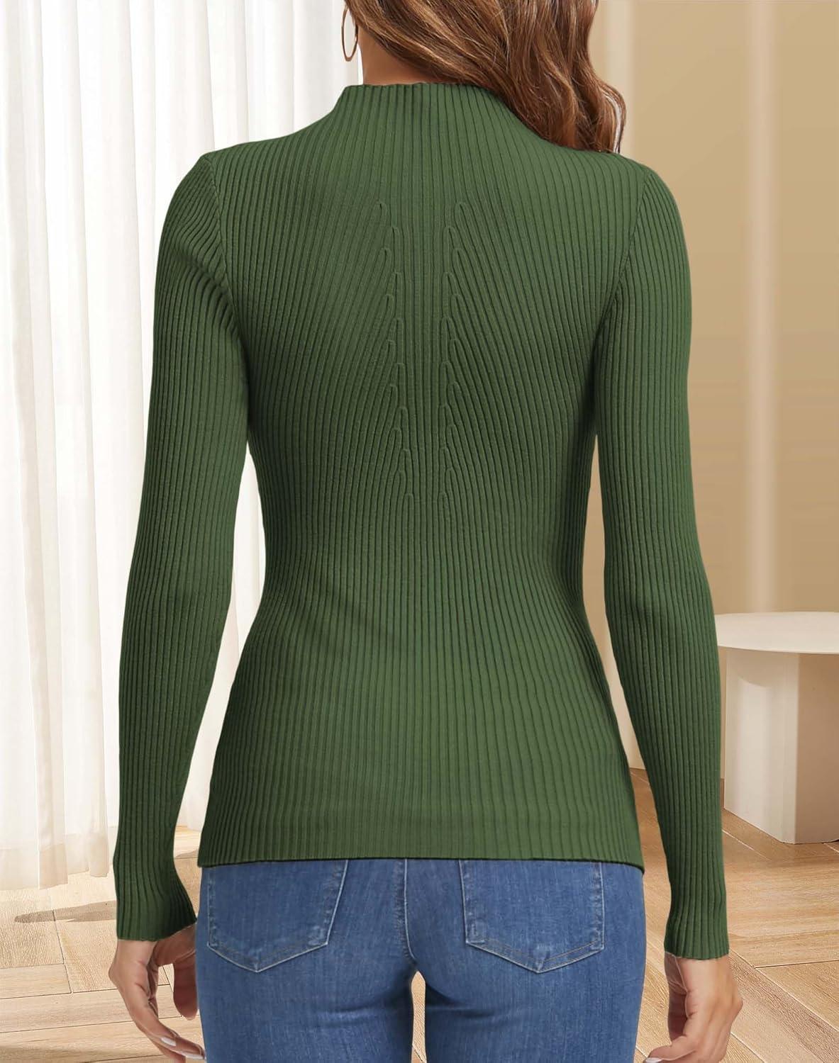 imageATHMILE Womens 2026 Fall Long Sleeve Pullover Ribbed Knit Sweater Low Mock Neck Slim Fit Basic Casual Tee TopsArmy Green