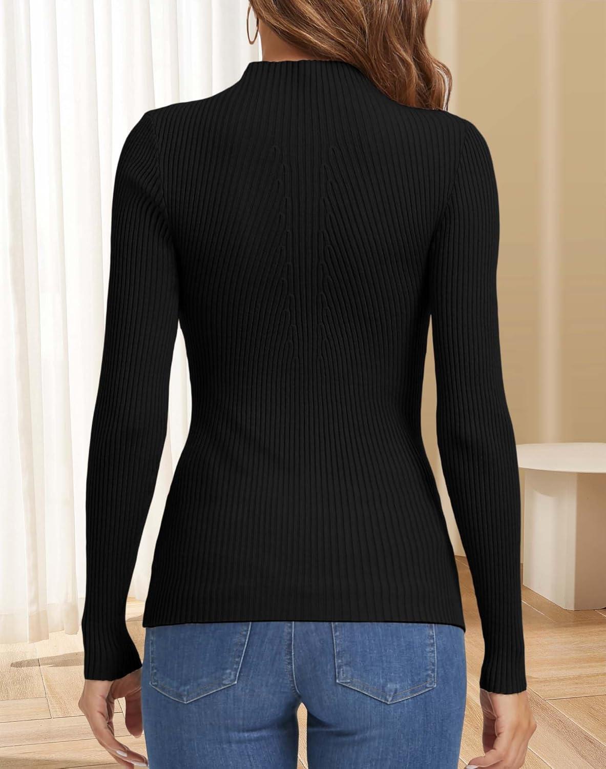 imageATHMILE Womens 2026 Fall Long Sleeve Pullover Ribbed Knit Sweater Low Mock Neck Slim Fit Basic Casual Tee TopsBlack