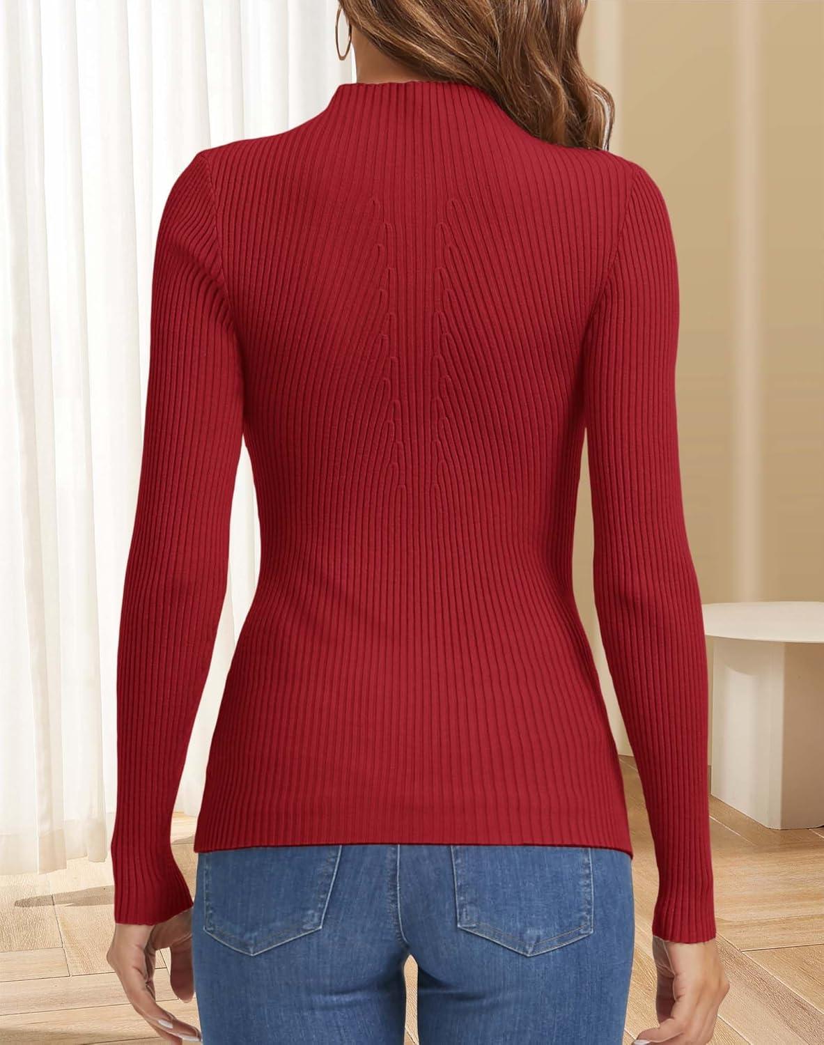 imageATHMILE Womens 2026 Fall Long Sleeve Pullover Ribbed Knit Sweater Low Mock Neck Slim Fit Basic Casual Tee TopsRed