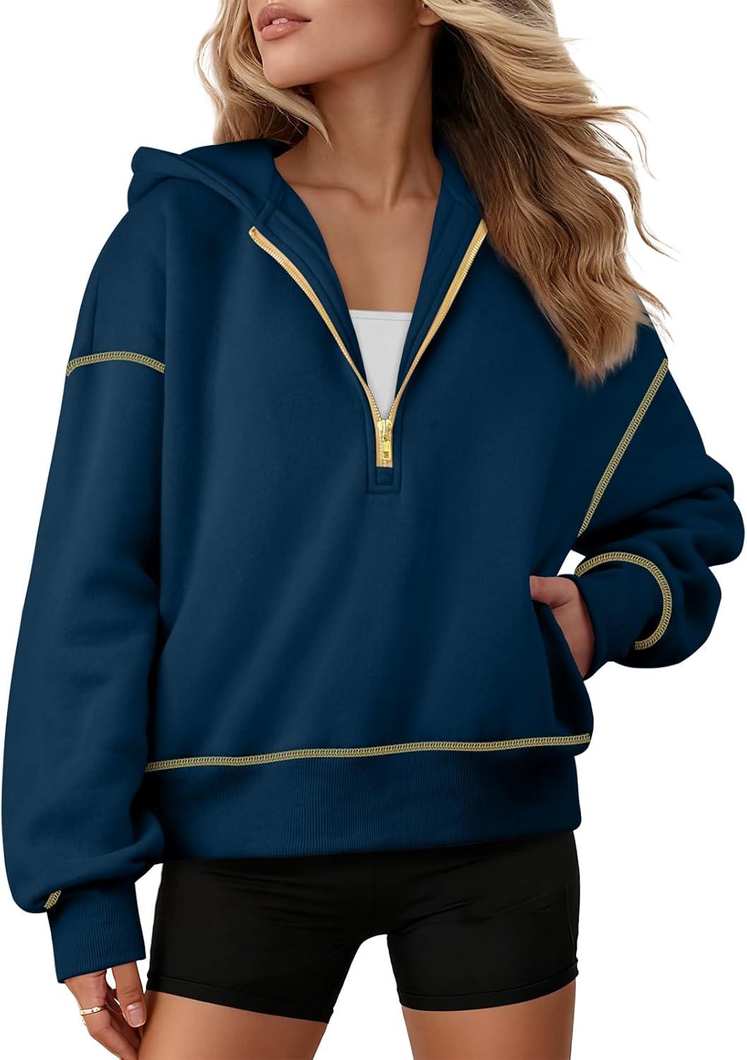 imageATHMILE Womens Fall Hoodies Half Zip Sweatshirts Long Sleeve Cropped Hooded Pullover Winter Fashion Clothes 2025Dark Blue