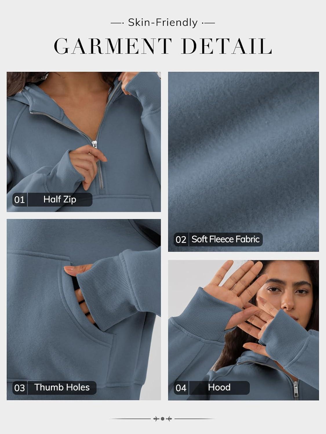 imageATHMILE Womens Hoodies Long Sleeve Fleece Quarter Zip Pullover Workout Oversized Sweatshirt Fall Winter Crop Jacket Tops 2025Greyblue