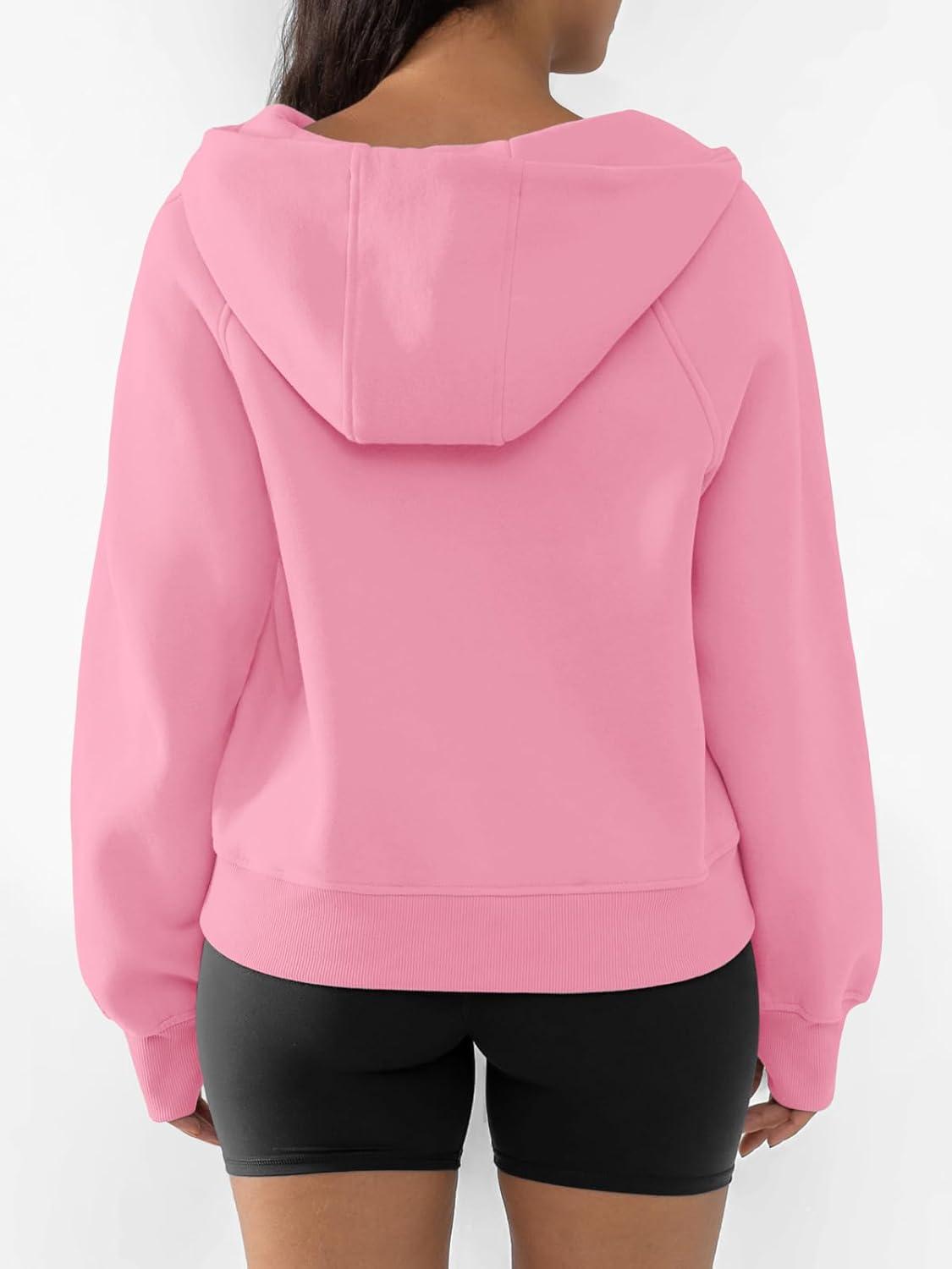 imageATHMILE Womens Hoodies Long Sleeve Fleece Quarter Zip Pullover Workout Oversized Sweatshirt Fall Winter Crop Jacket Tops 2025Pink