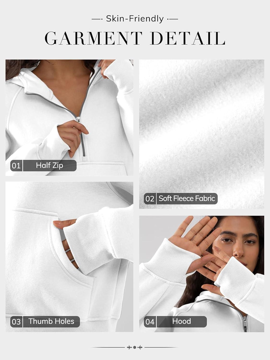 imageATHMILE Womens Hoodies Long Sleeve Fleece Quarter Zip Pullover Workout Oversized Sweatshirt Fall Winter Crop Jacket Tops 2025White