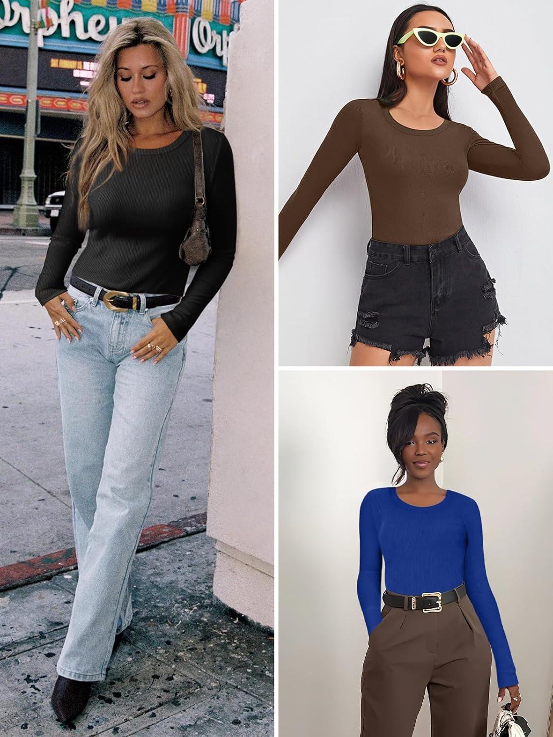imageATHMILE Womens Long Sleeve CrewneckV Neck Ribbed Tops Fall Fitted Stretch Casual Basic T Shirts 2026Aroyal Blue