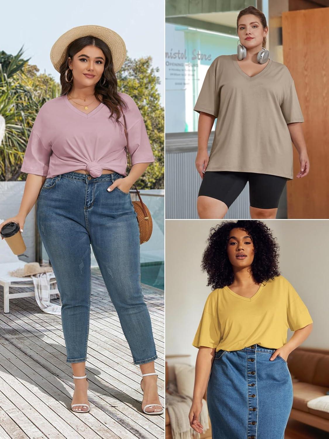 imageATHMILE Womens Oversized Shirts V Neck Plus Size Spring Workout Summer Tops Beach Vacation 2026 Gym Clothes Basic TeeKhaki