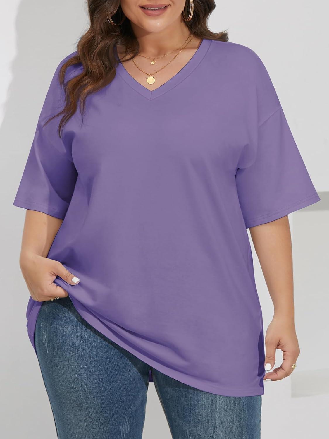 imageATHMILE Womens Oversized Shirts V Neck Plus Size Spring Workout Summer Tops Beach Vacation 2026 Gym Clothes Basic TeeLavender