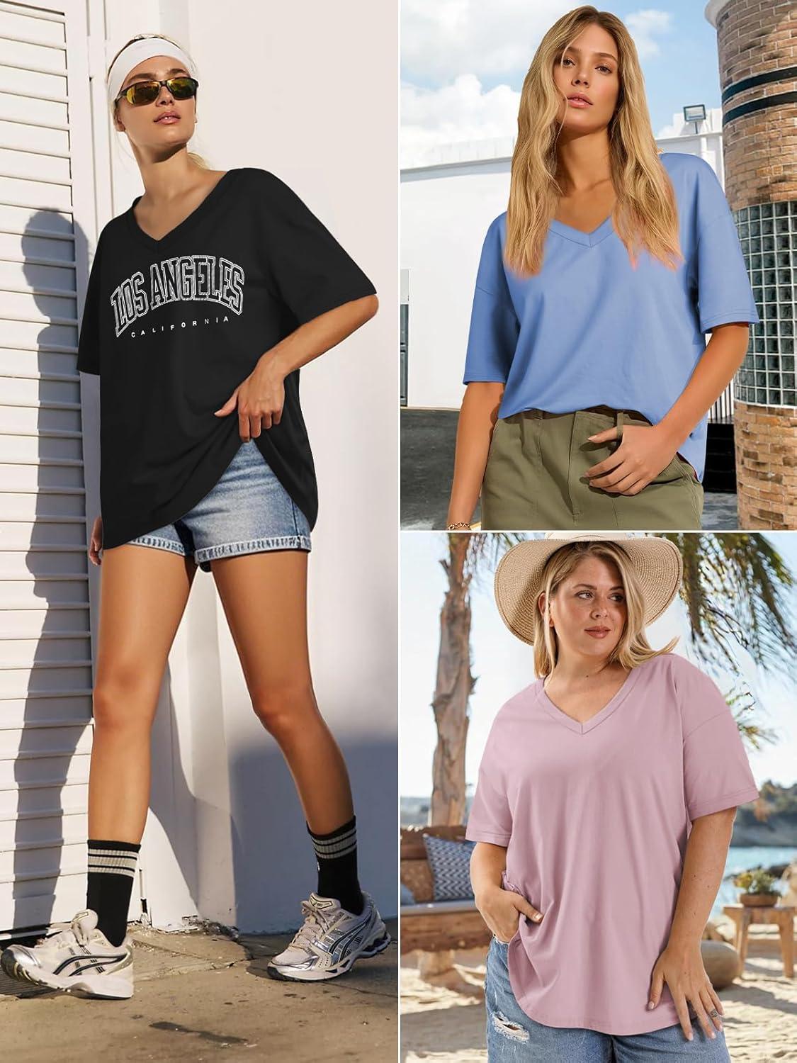 imageATHMILE Womens Oversized Shirts V Neck Plus Size Spring Workout Summer Tops Beach Vacation 2026 Gym Clothes Basic TeeLavender