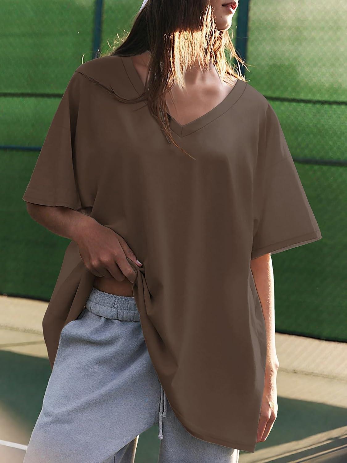 imageATHMILE Womens Oversized Shirts V Neck Plus Size Spring Workout Summer Tops Beach Vacation 2026 Gym Clothes Basic TeeLight Brown