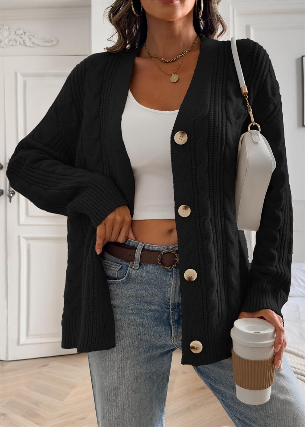 imageATHMILE Womens Oversized Sweaters Cable Knit Cardigan Fall Fashion Long Sleeve Open Front Chunky Winter Coats 2025Black