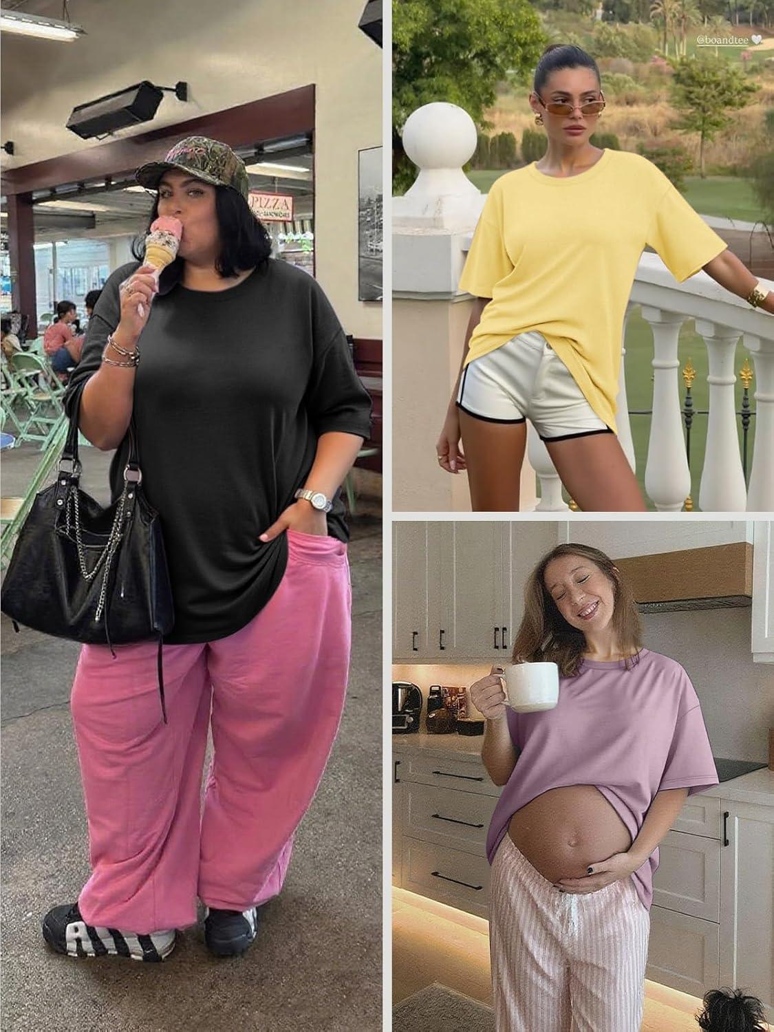 imageATHMILE Womens Oversized T Shirts Loose Fit Crewneck Short Sleeve Tops Summer Casual Blouse Y2K 2026 Basic Tee BeachGrey Green