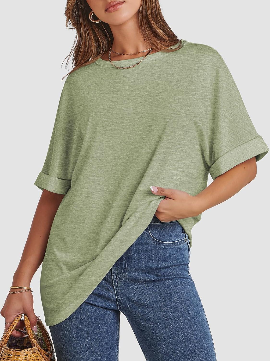 imageATHMILE Womens Oversized T Shirts Summer Tops Spring Casual Loose Fit Workout Short Sleeve 2026 Beach VacationArmy Green