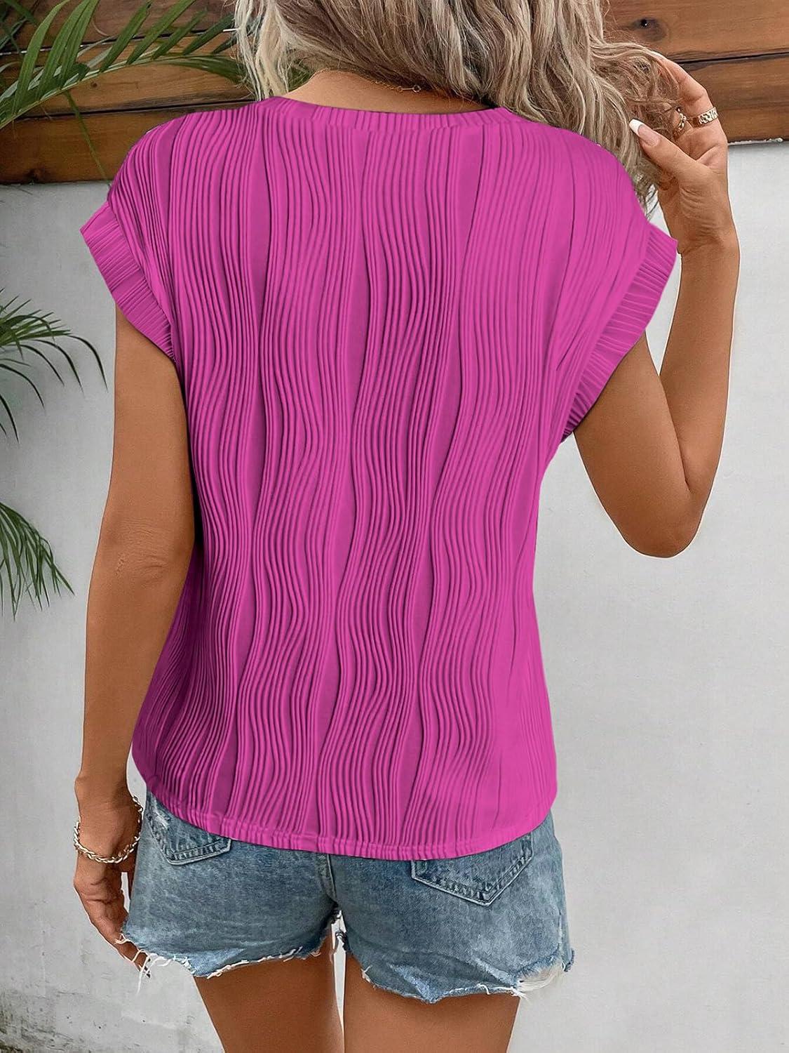 imageATHMILE Womens Short Sleeve Summer Tops Crewneck Textured Shirts Basic T Shirt Casual Work BlousesHot Pink