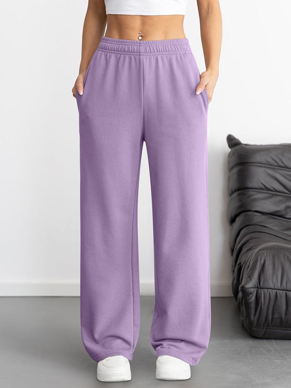 imageATHMILE Womens Wide Leg Sweatpants High Waisted Baggy Interior Drawstring Joggers Straight Leg Sweat Pants with PocketsLight Purple