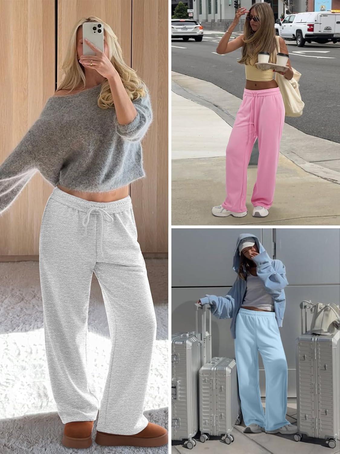 imageATHMILE Womens Wide Leg Sweatpants High Waisted Baggy Interior Drawstring Joggers Straight Leg Sweat Pants with PocketsPink