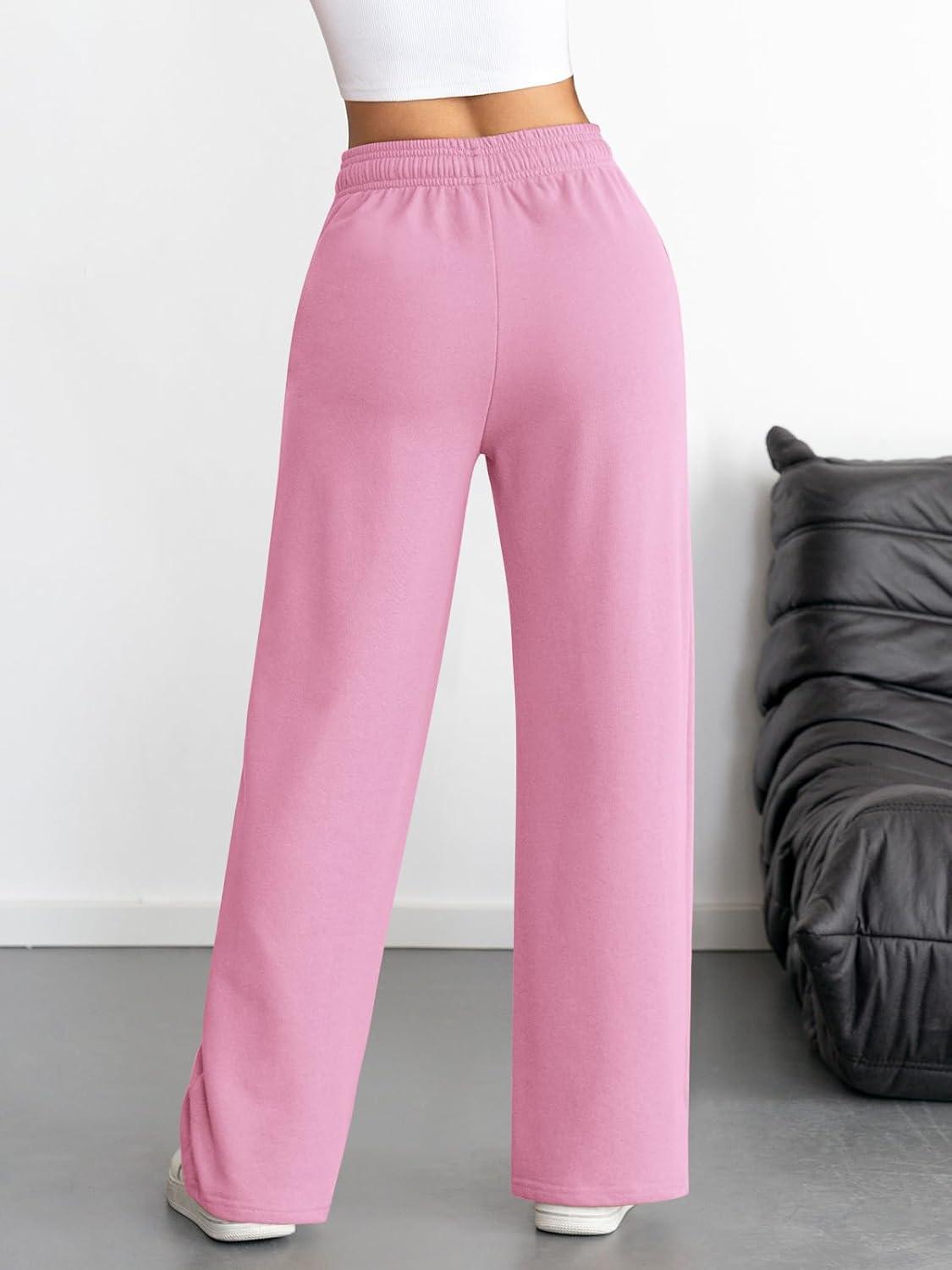 imageATHMILE Womens Wide Leg Sweatpants High Waisted Baggy Interior Drawstring Joggers Straight Leg Sweat Pants with PocketsPink