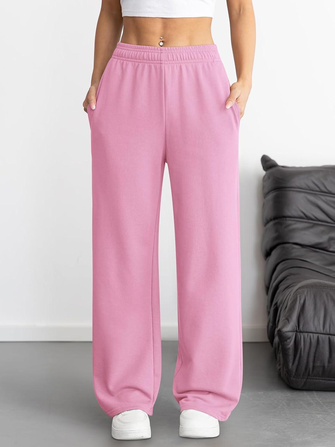 imageATHMILE Womens Wide Leg Sweatpants High Waisted Baggy Interior Drawstring Joggers Straight Leg Sweat Pants with PocketsPink