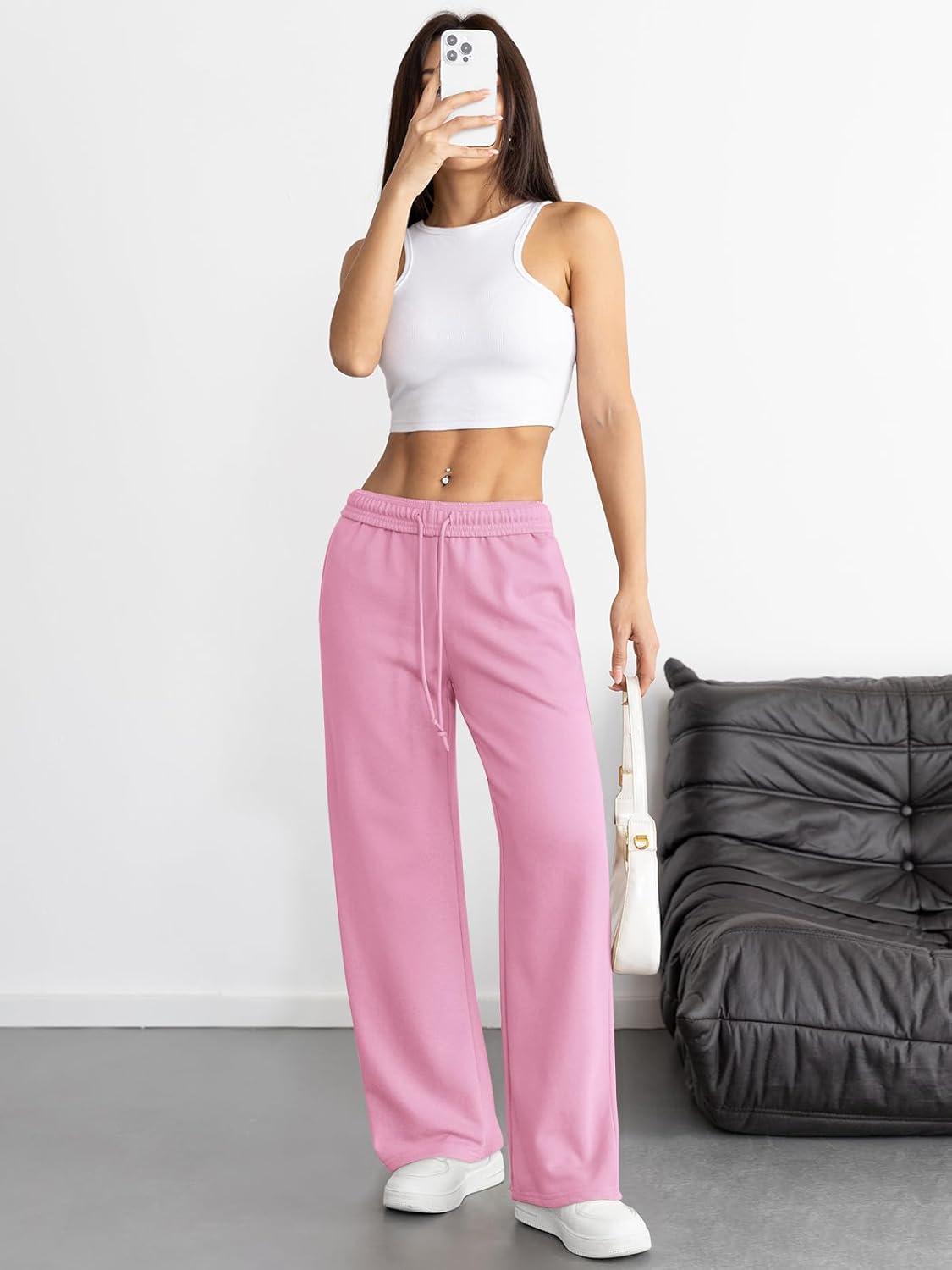 imageATHMILE Womens Wide Leg Sweatpants High Waisted Baggy Interior Drawstring Joggers Straight Leg Sweat Pants with PocketsPink