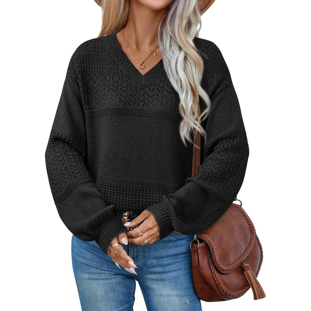 imageATHMILE Sweaters for Women Fall Outfits Oversized Long Sleeve V Neck Crochet Sweaters Lightweight Knit Pullover JumperBlack