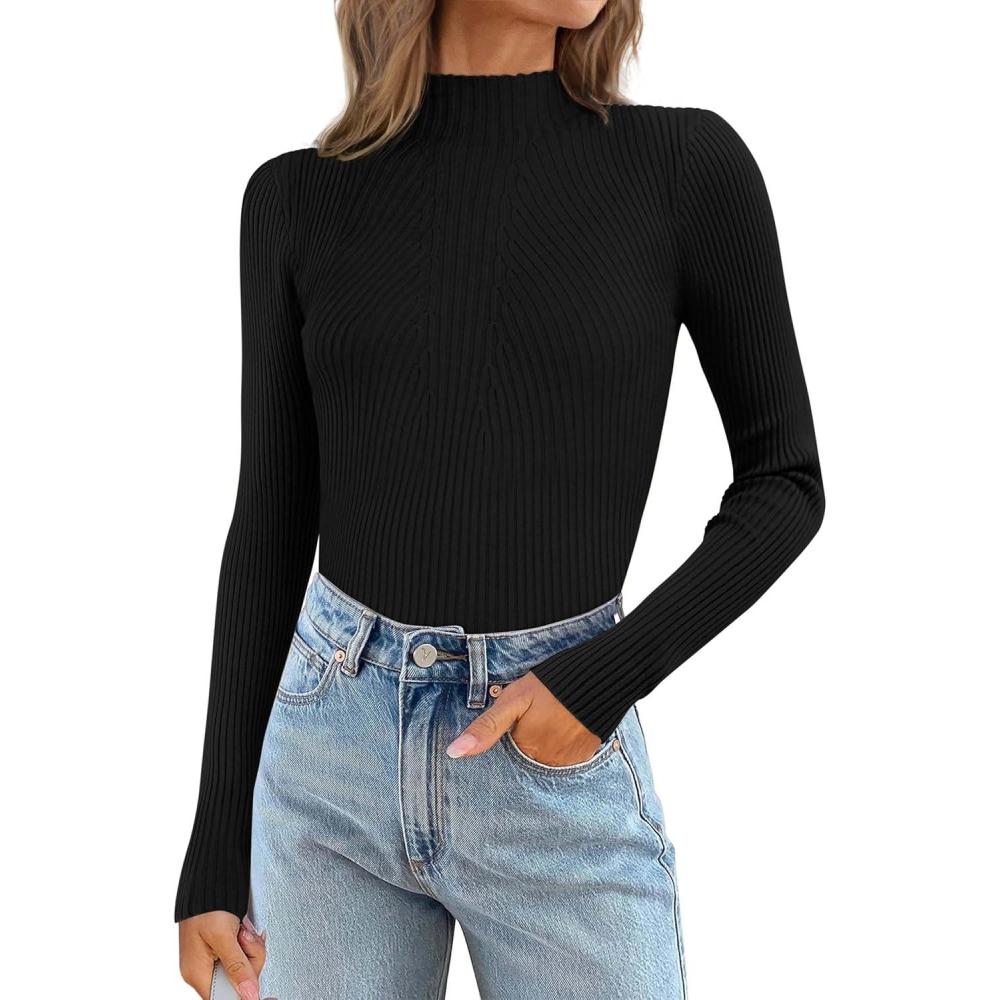 imageATHMILE Womens 2026 Fall Long Sleeve Pullover Ribbed Knit Sweater Low Mock Neck Slim Fit Basic Casual Tee TopsBlack
