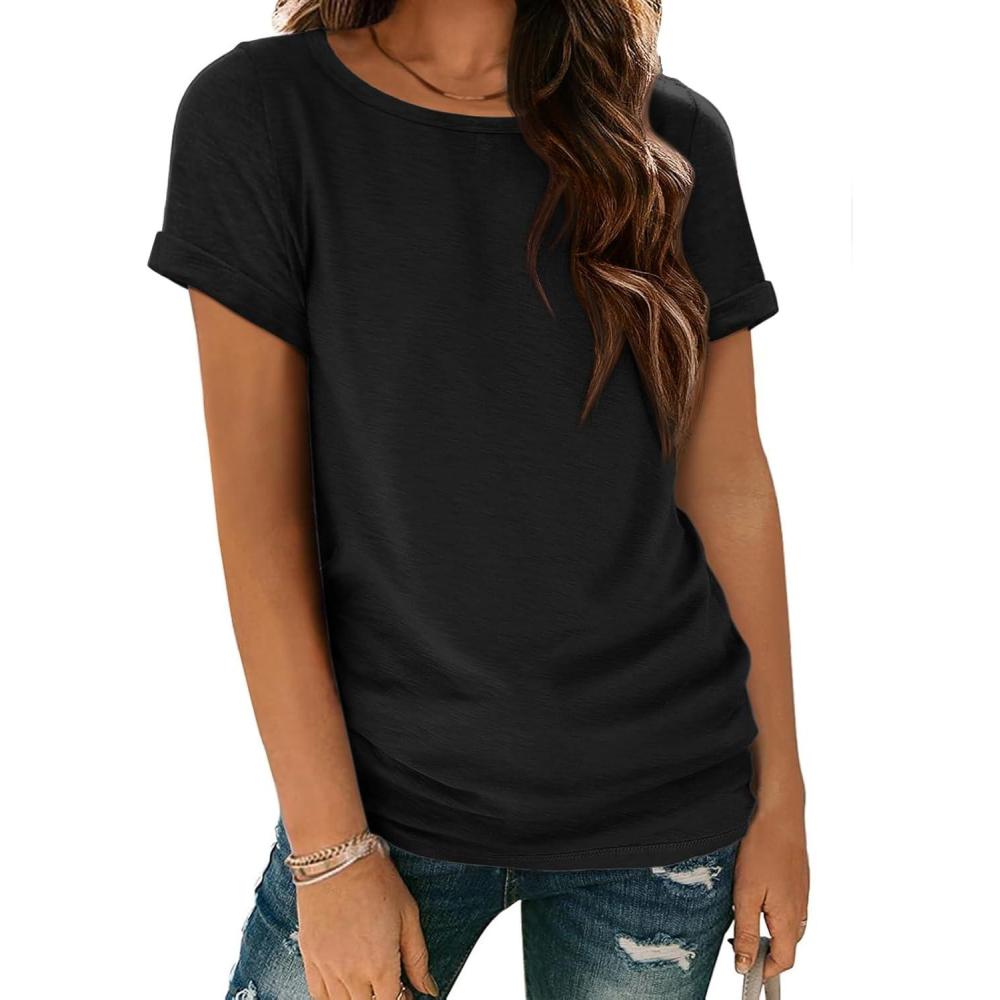 imageATHMILE Womens Boat Neck Tops Fashion Short Sleeve Scoop Neck Tees for Women Trendy Casual Shirts Summer Beach Outfits 2026Black
