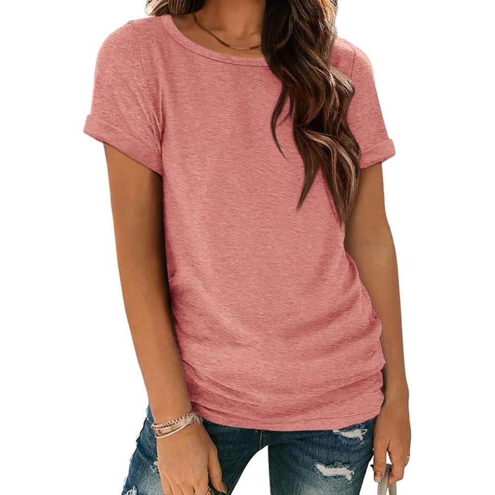 imageATHMILE Womens Boat Neck Tops Fashion Short Sleeve Scoop Neck Tees for Women Trendy Casual Shirts Summer Beach Outfits 2026Lightpink