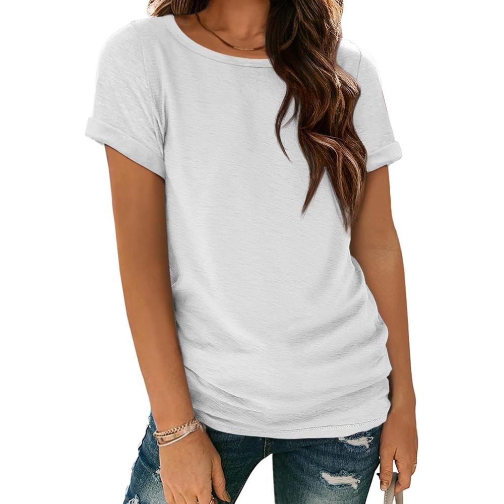 imageATHMILE Womens Boat Neck Tops Fashion Short Sleeve Scoop Neck Tees for Women Trendy Casual Shirts Summer Beach Outfits 2026White