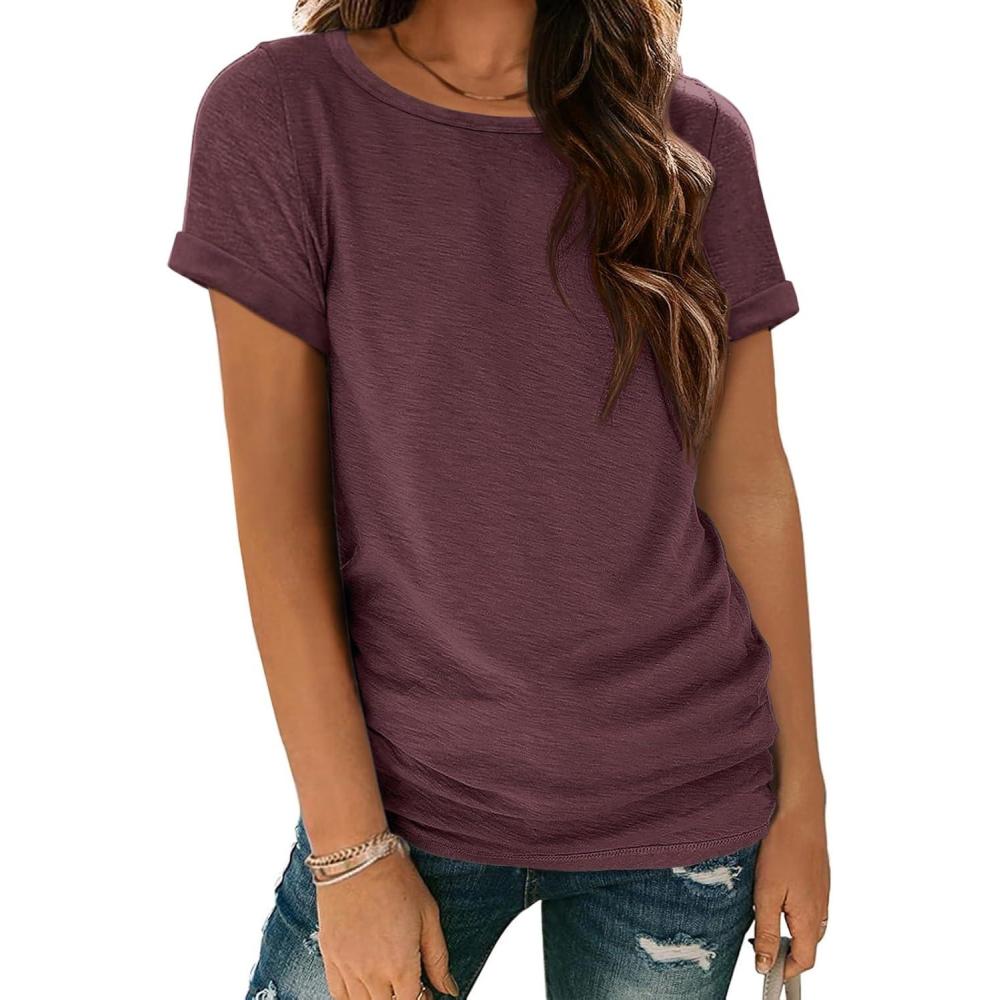 imageATHMILE Womens Boat Neck Tops Fashion Short Sleeve Scoop Neck Tees for Women Trendy Casual Shirts Summer Beach Outfits 2026Winered