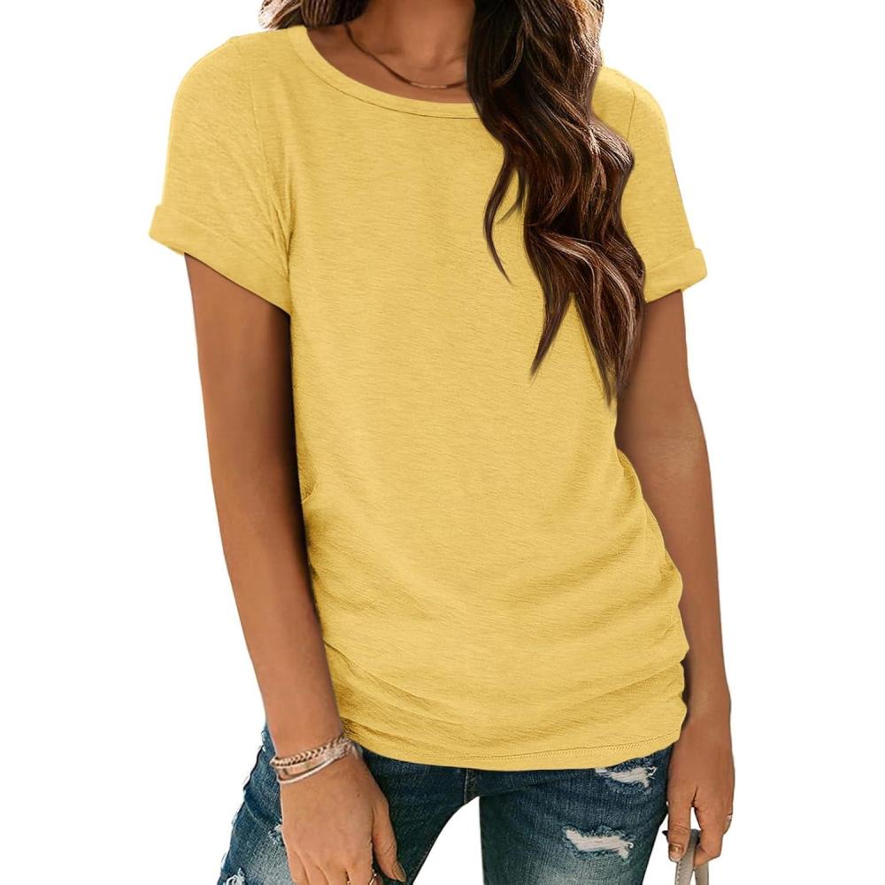 imageATHMILE Womens Boat Neck Tops Fashion Short Sleeve Scoop Neck Tees for Women Trendy Casual Shirts Summer Beach Outfits 2026Yellow