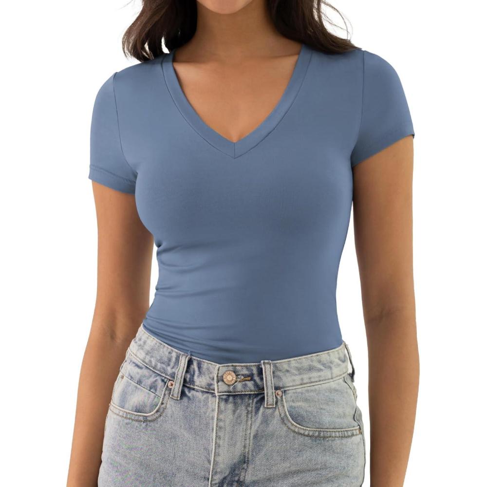 imageATHMILE Womens Deep V Neck Short Sleeve Slim Fit T Shirt Tops TeeHazeblue