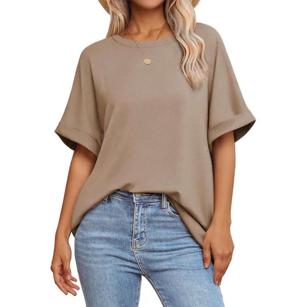 imageATHMILE Womens Oversized T Shirts Summer Tops Spring Casual Loose Fit Workout Short Sleeve 2026 Beach VacationKhaki