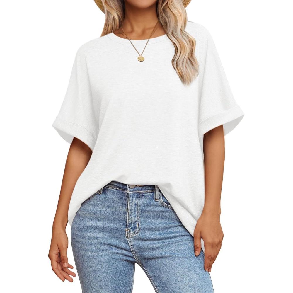 imageATHMILE Womens Oversized T Shirts Summer Tops Spring Casual Loose Fit Workout Short Sleeve 2026 Beach VacationWhite