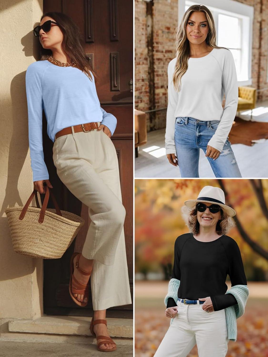 imageATHMILE Long Sleeve Shirts for Women Fall Outfit 2026 Fashion Casual T Shirt Round Neck Basic Loose Tunic TopsWhite