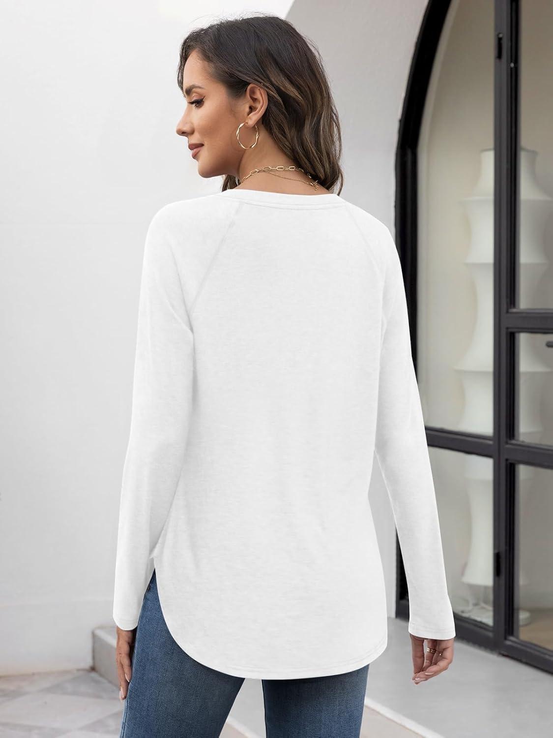 imageATHMILE Long Sleeve Shirts for Women Fall Outfit 2026 Fashion Casual T Shirt Round Neck Basic Loose Tunic TopsWhite