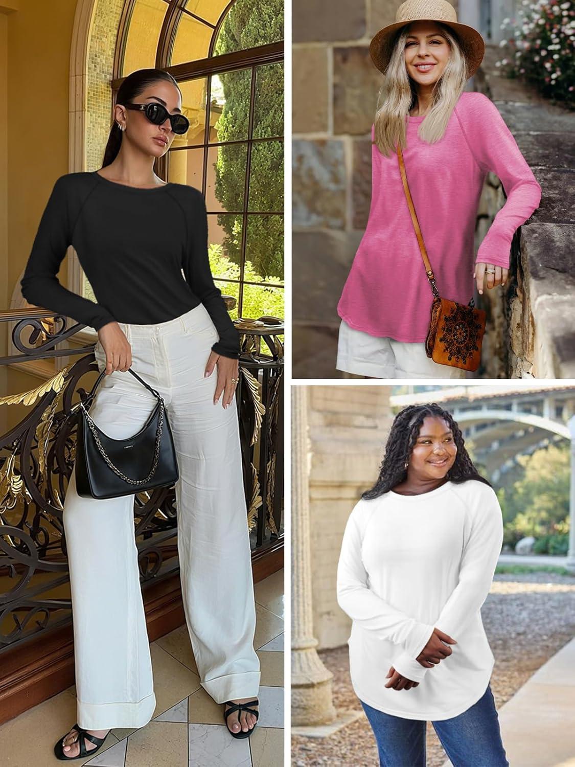 imageATHMILE Long Sleeve Shirts for Women Fall Outfit 2026 Fashion Casual T Shirt Round Neck Basic Loose Tunic TopsWhite