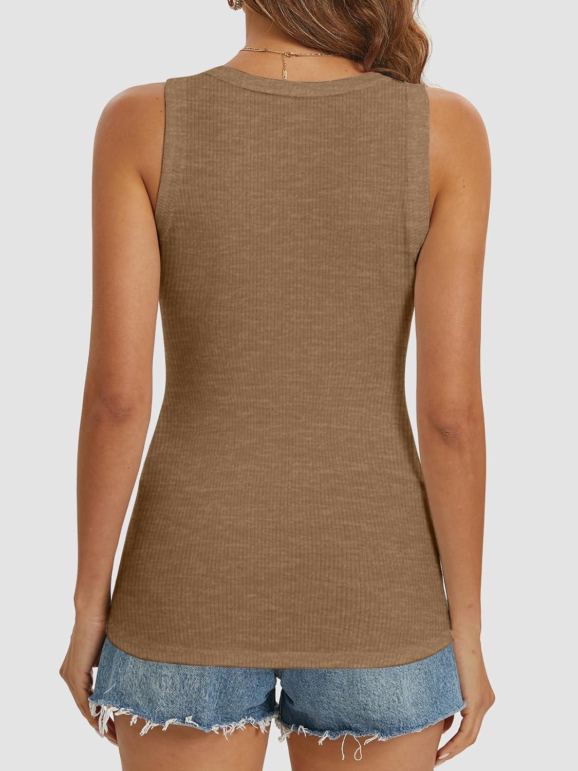 imageATHMILE Women Tank Tops Summer Casual Ribbed Sleeveless Basic Cami Top Slim Henley Button Down Blouses BeachCoffeegrey