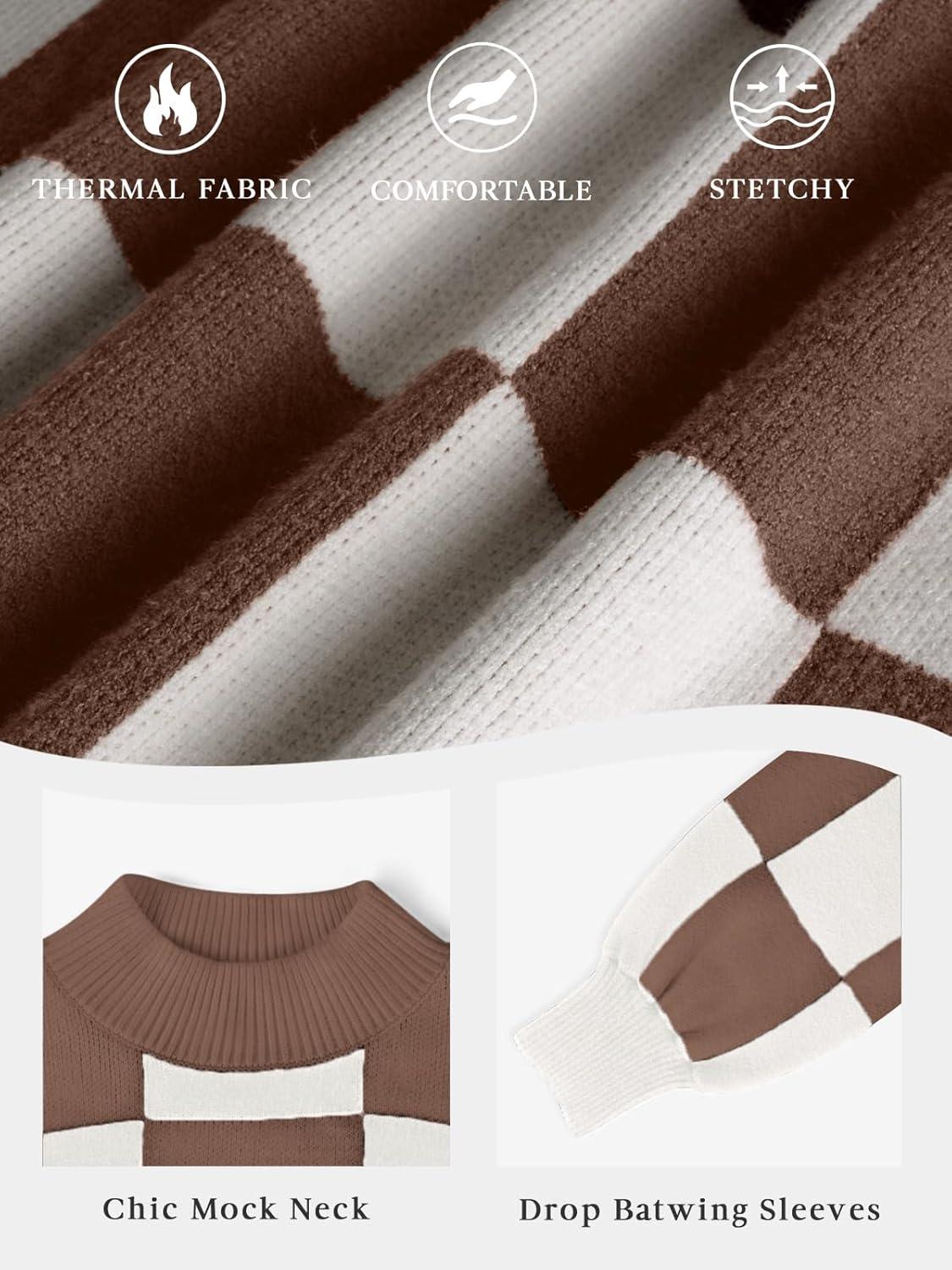 imageATHMILE Womens Fashion Turtleneck Sweater Long Sleeve Plaid Ribbed Knit Loose Pullover Tops Trendy Office OutfitsMocha