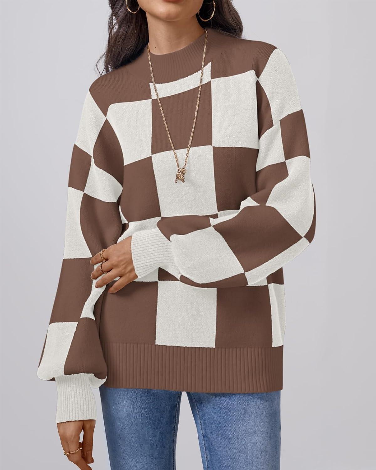 imageATHMILE Womens Fashion Turtleneck Sweater Long Sleeve Plaid Ribbed Knit Loose Pullover Tops Trendy Office OutfitsMocha