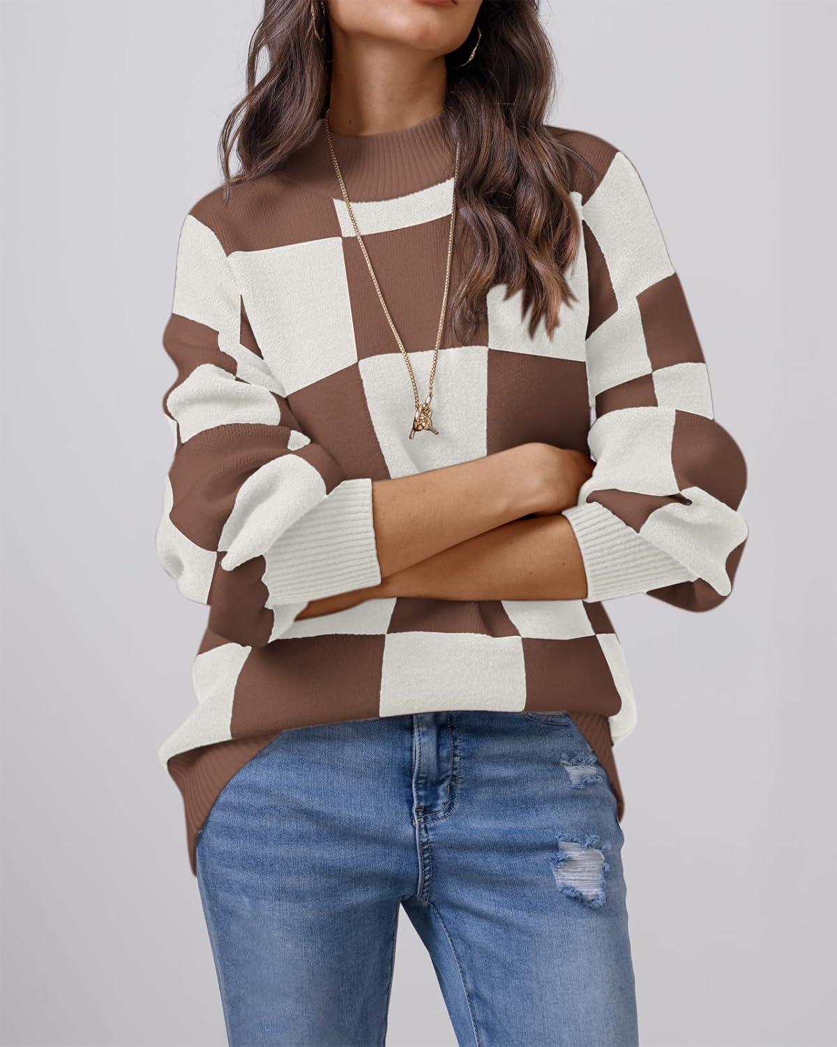 imageATHMILE Womens Fashion Turtleneck Sweater Long Sleeve Plaid Ribbed Knit Loose Pullover Tops Trendy Office OutfitsMocha