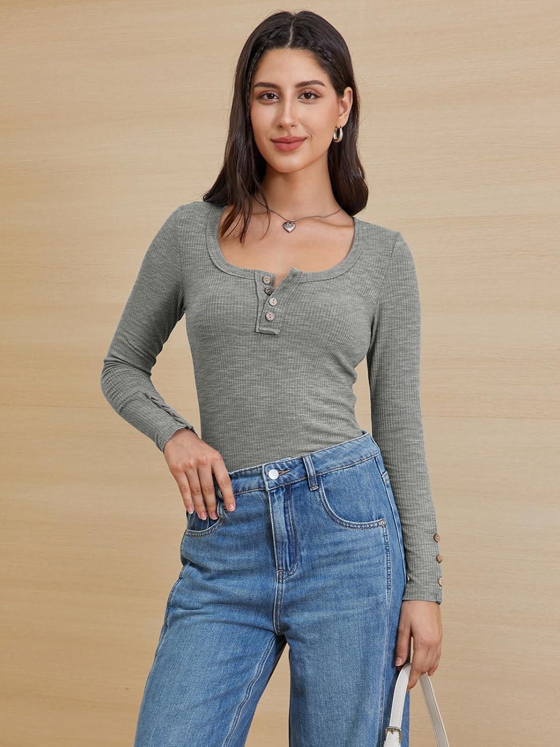 imageATHMILE Womens Long Sleeve Shirts Casual Fall Henley Top Button Down Blouses Basic Ribbed Knit T Shirts 2025Grey