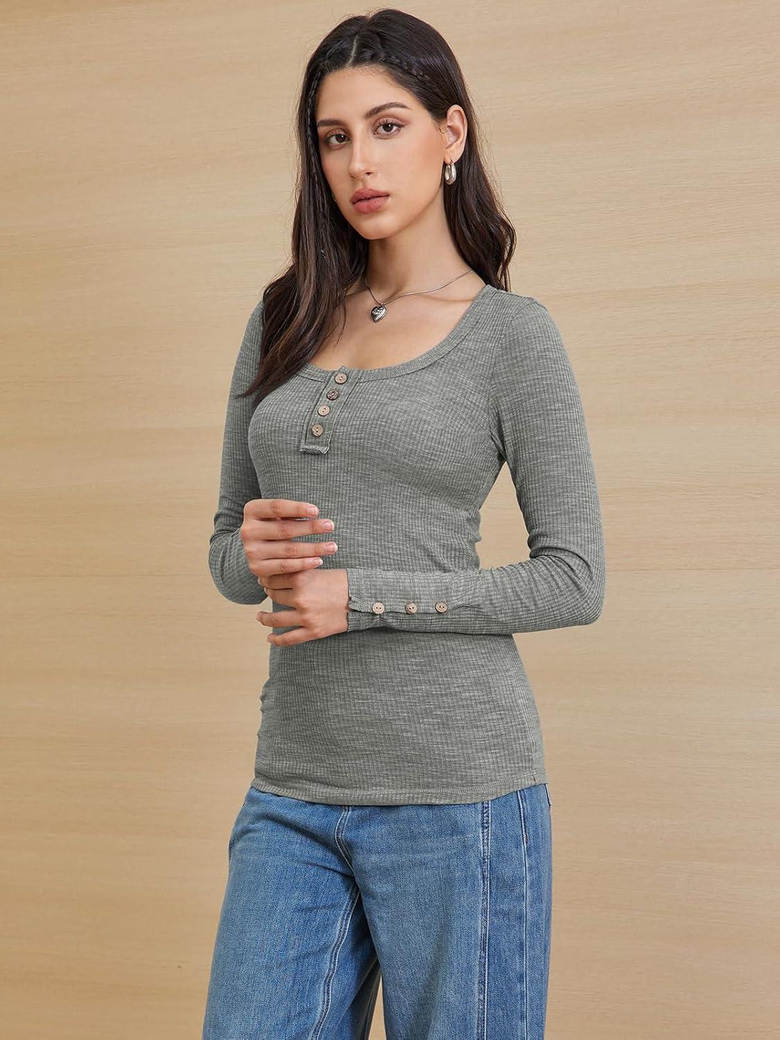 imageATHMILE Womens Long Sleeve Shirts Casual Fall Henley Top Button Down Blouses Basic Ribbed Knit T Shirts 2025Grey