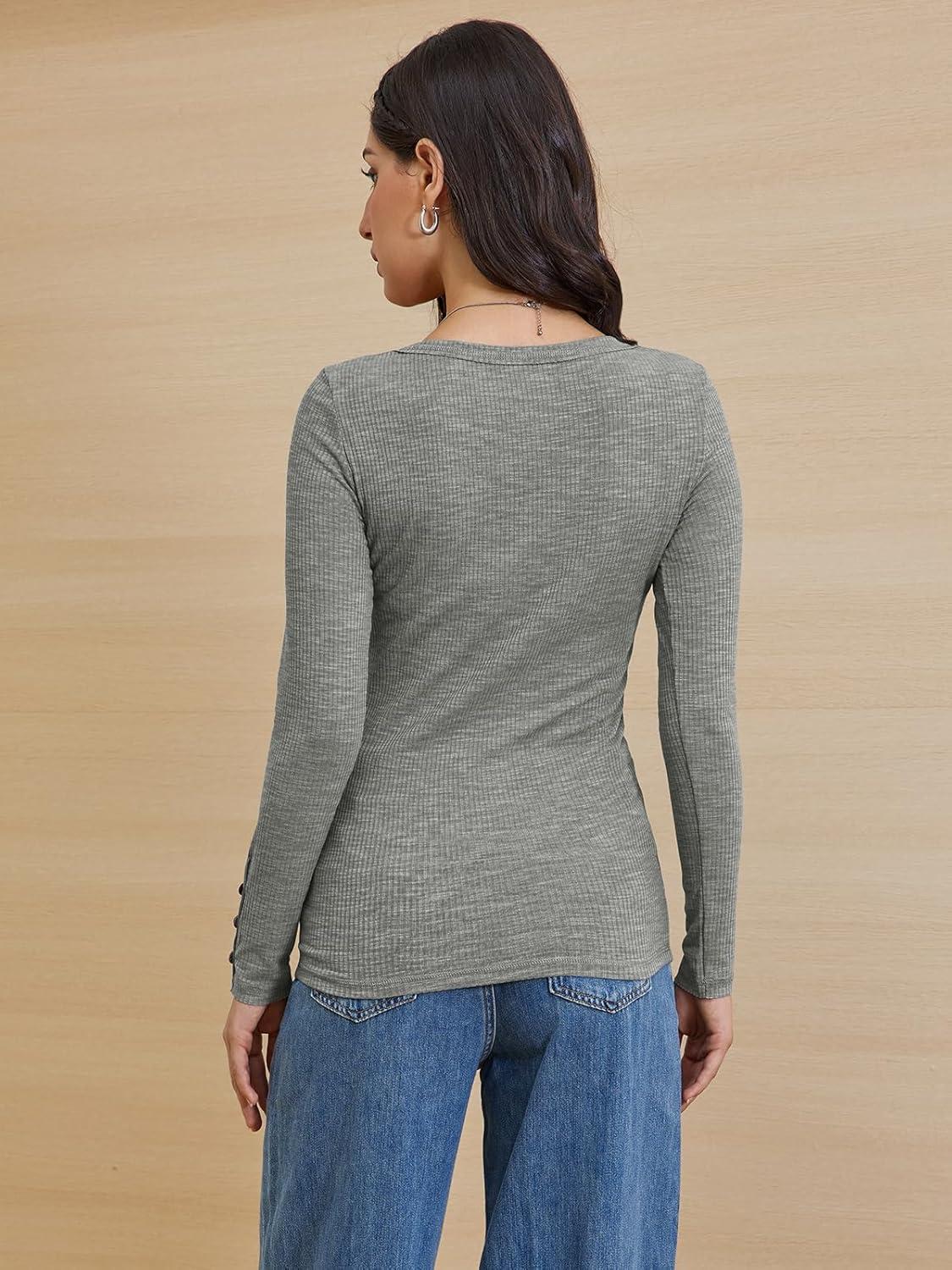 imageATHMILE Womens Long Sleeve Shirts Casual Fall Henley Top Button Down Blouses Basic Ribbed Knit T Shirts 2025Grey