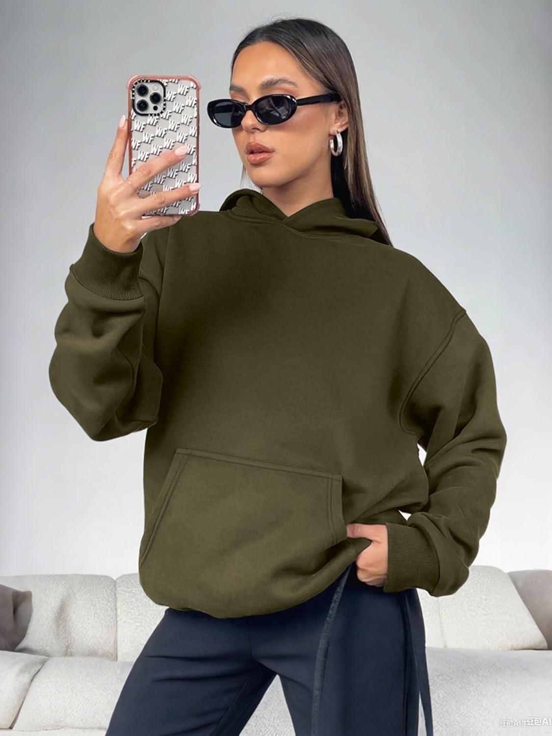 imageATHMILE Womens Oversized Hoodies Fleece Sweatshirts Long Sleeve Sweaters Pullover Fall Clothes with PocketArmy Green