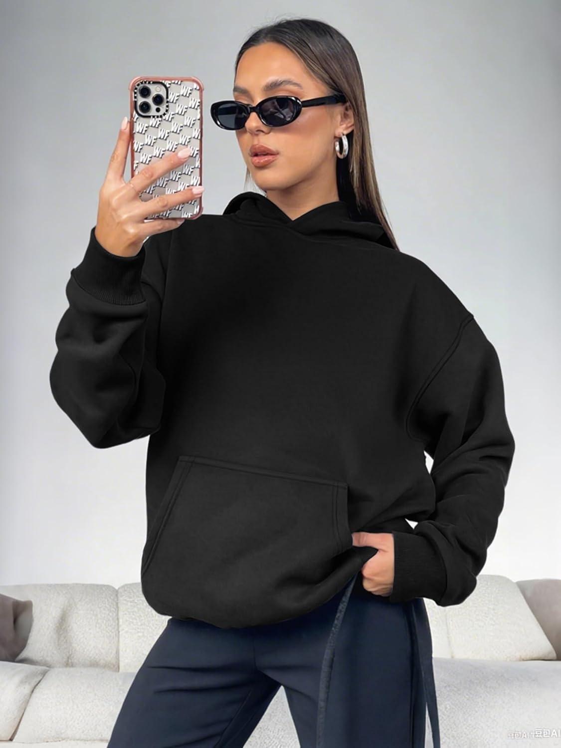 imageATHMILE Womens Oversized Hoodies Fleece Sweatshirts Long Sleeve Sweaters Pullover Fall Clothes with PocketBlack