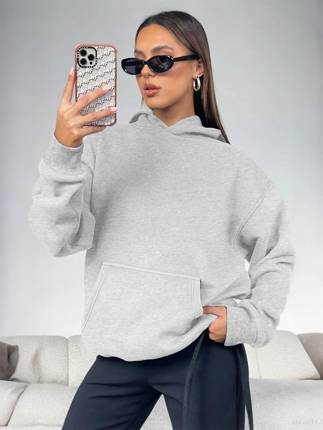 imageATHMILE Womens Oversized Hoodies Fleece Sweatshirts Long Sleeve Sweaters Pullover Fall Clothes with PocketGrey