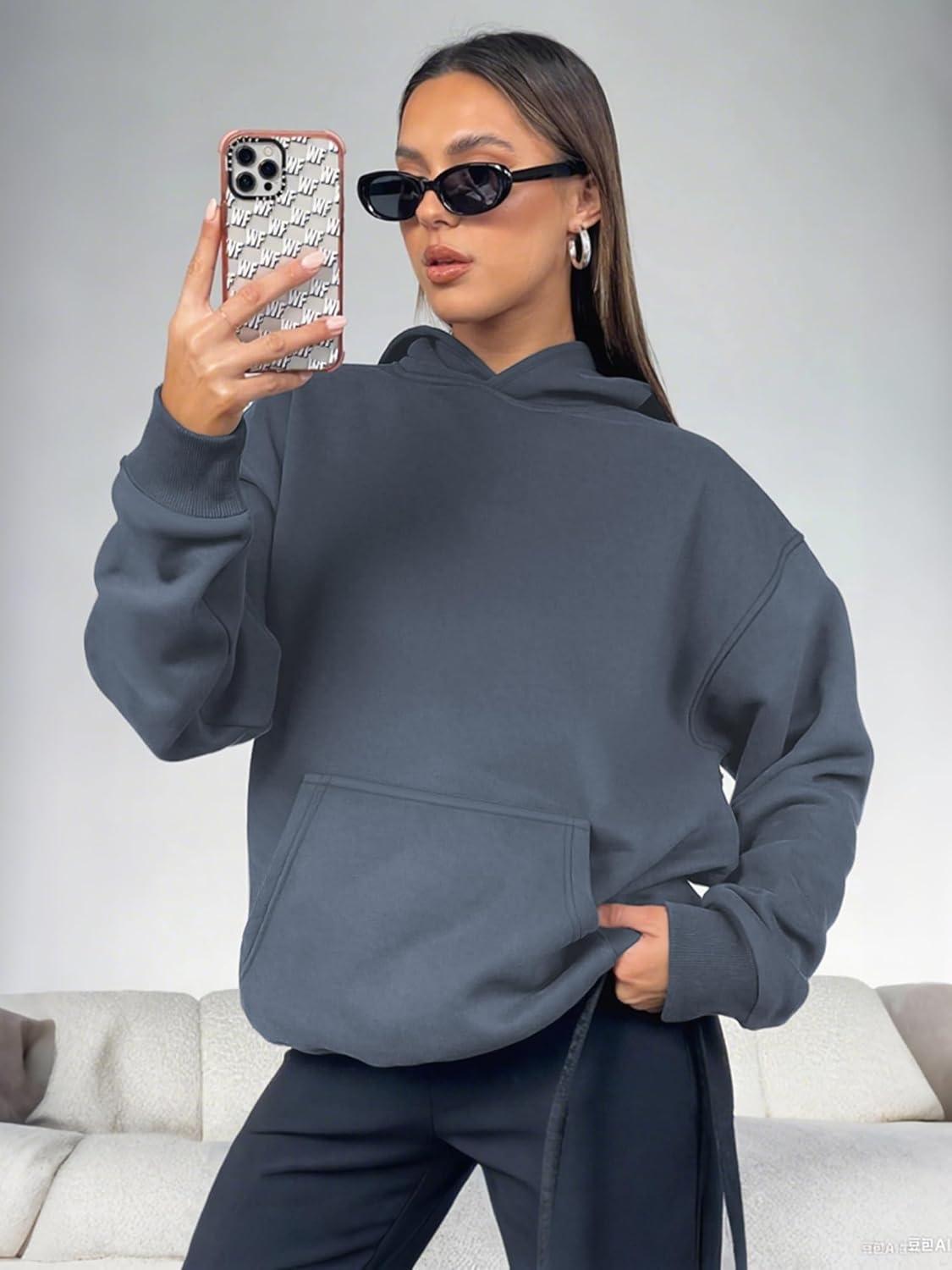 imageATHMILE Womens Oversized Hoodies Fleece Sweatshirts Long Sleeve Sweaters Pullover Fall Clothes with PocketGrey Blue